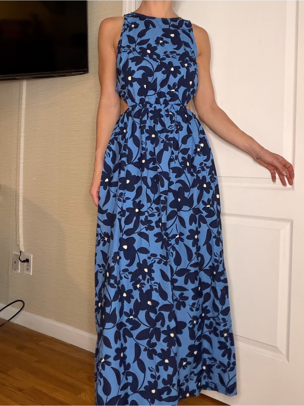 Who What Wear Navy & Sky Blue Floral Cutout Maxi Dress
